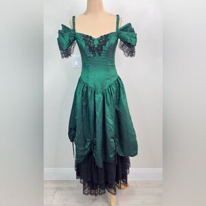 Vintage Alfred Angelo Western Burlesque Satin Green Black Lace Layered Dress XS